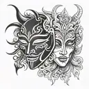 Two masks in tattoo style, vector graphics. Evil face behind the good mask. Black and white. Tattoo. Double face. Evil f tattoo design idea