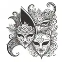 Two masks in tattoo style, vector graphics. Evil face behind the good mask. Black and white. Tattoo. Double face. Evil f tattoo design idea