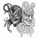 Two masks in tattoo style, vector graphics. Evil face behind the good mask. Black and white. Tattoo. Double face. Evil f tattoo design idea