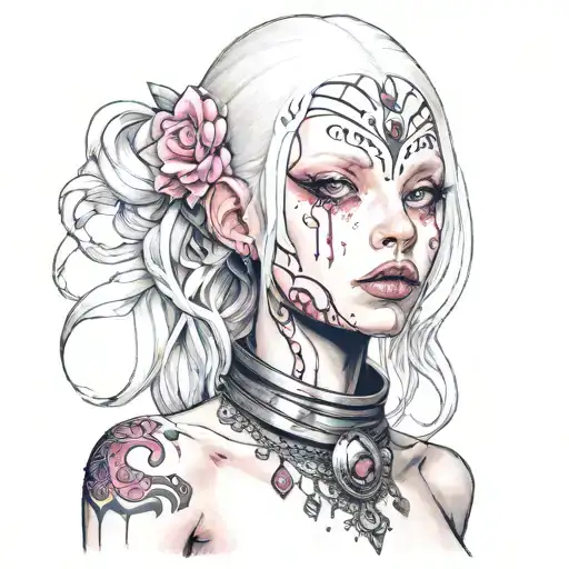 albino girl with pink eyes with elaborate choker tattoo design idea