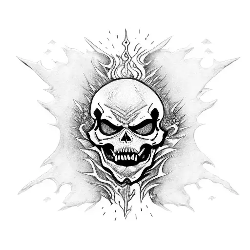 demon, skeleton, fire, chains, crows, clock, cards tattoo design idea