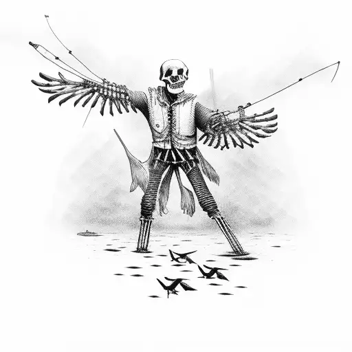 A skeletal fisherman playing cards with crows in a haunted saloon tattoo design idea