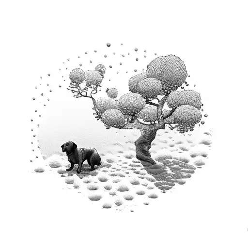 A serene landscape with a dog lying under a wisteria tree tattoo design idea