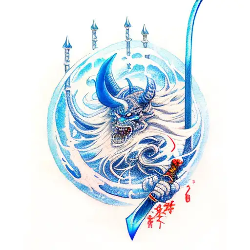 Demon Slayer water breathing sword with blue colors and waves around the sword tattoo design idea