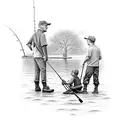 grandfather fishing on dock with grandkids. deer hunting and military background. religious tattoo design idea