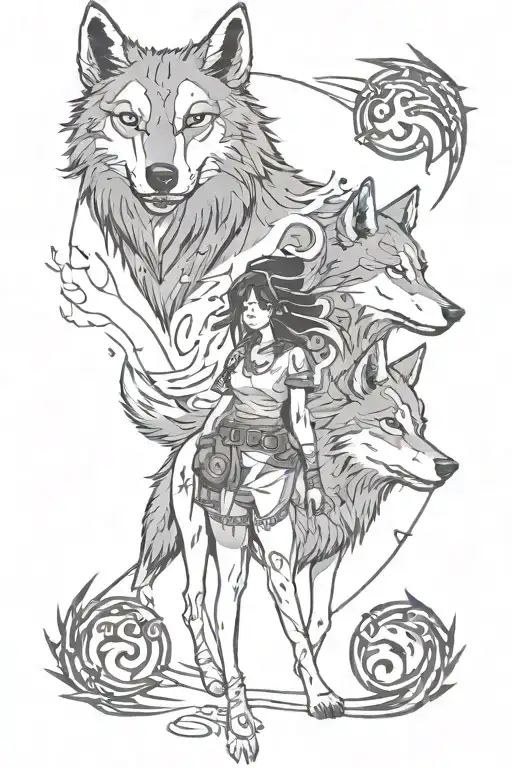 princess mononoke and the wolfes, with the heartbeat line surrounding the wolf and the princess and with small letters i tattoo design idea