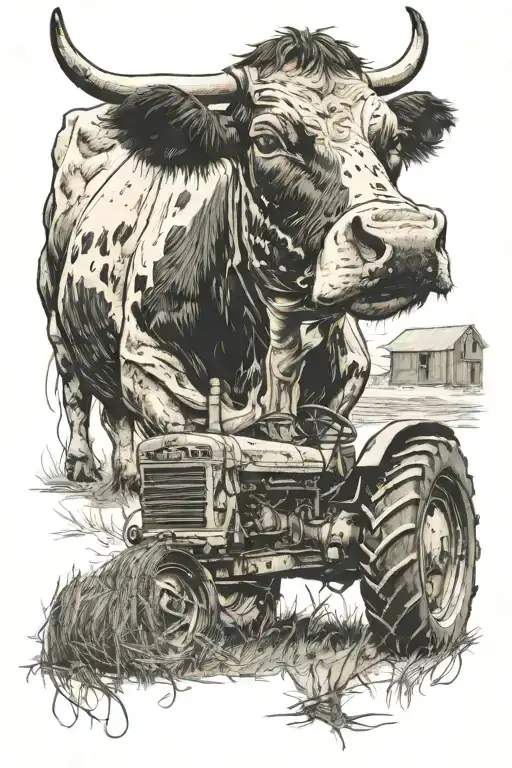 cow and tractor with bale of hay  tattoo design idea