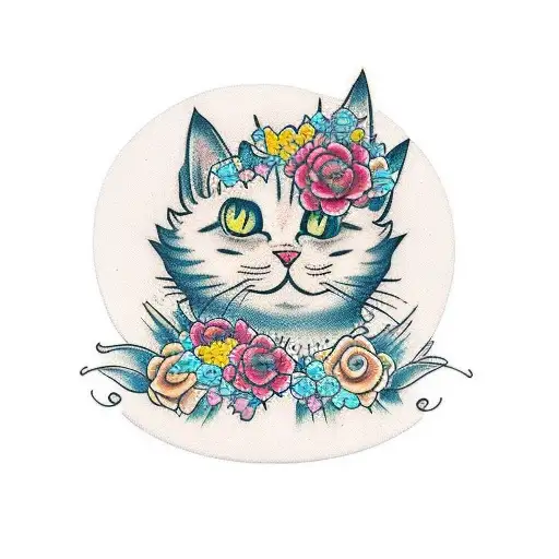 gato chino con flores y una Hannia  tattoo design idea