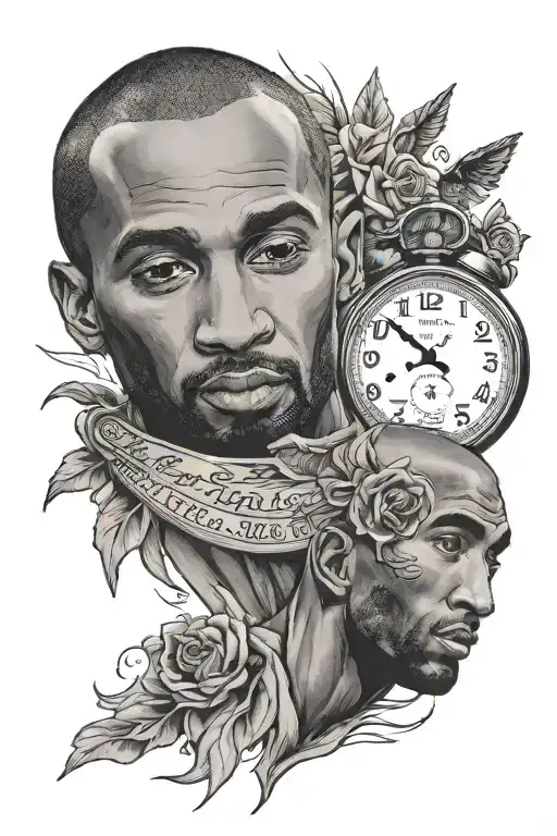 Kobe Bryant tattoo with a bible verse in the back and a time clock tattoo design idea