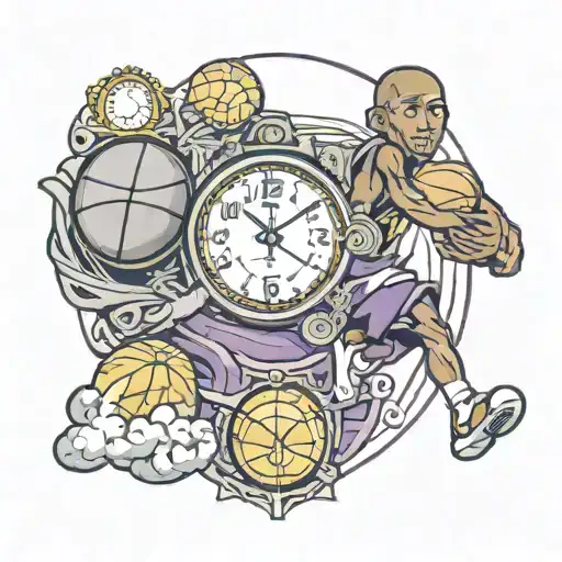 clock face, with a basketball in the back tattoo featuring Kobe Bryant and his logo, a kaws figurine and the number 24 tattoo design idea