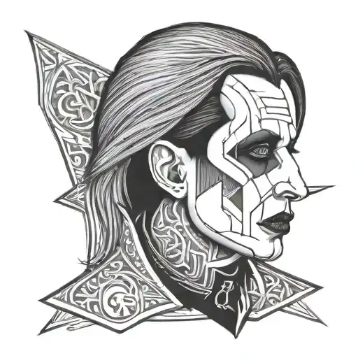 Create a portrait of Marilyn Manson with a traditional twist tattoo design idea