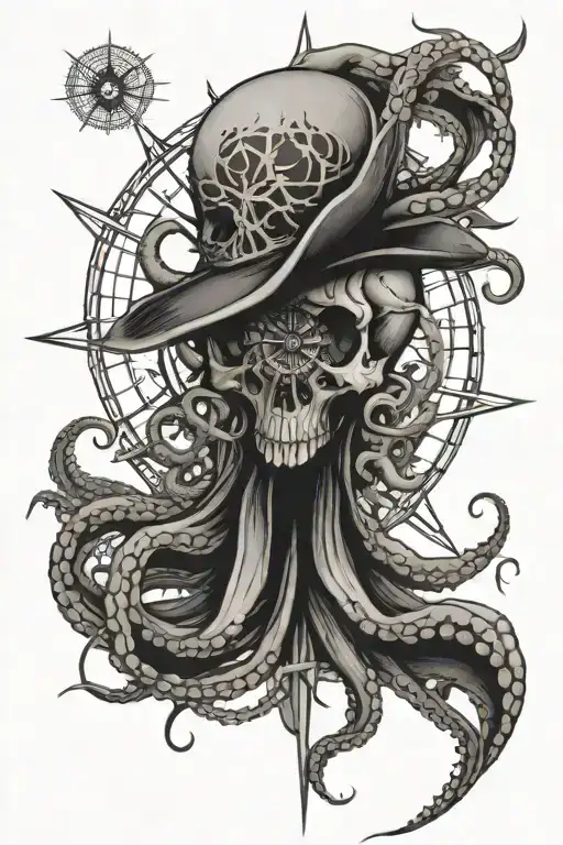 broken skull compass inside octopus wrapped tattoo design idea
