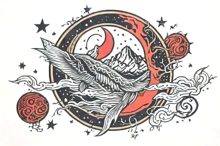 black mountains river stars and red moon tattoo design idea