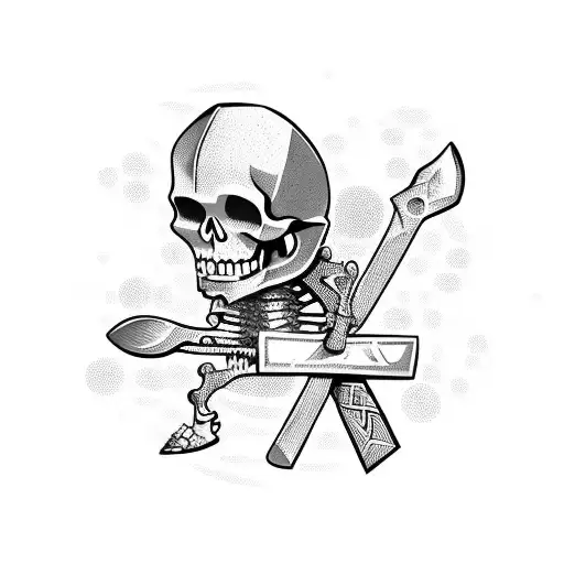 skeleton viking with an ax sitting in a viking cemetery with tombs and skulls around him frontal distanc tattoo design idea