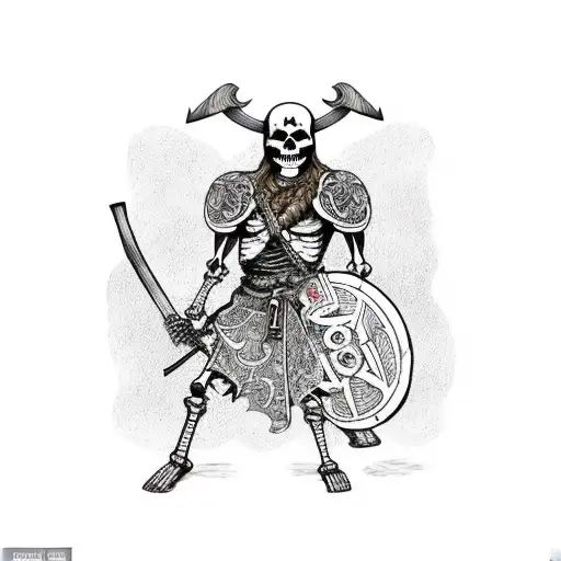 skeleton viking with an ax sitting in a viking cemetery with tombs and skulls around him frontal distanc tattoo design idea