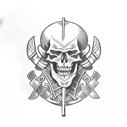 skeleton viking with an ax sitting in a viking cemetery with tombs and skulls around him frontal distanc tattoo design idea