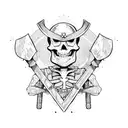 skeleton viking with an ax sitting in a viking cemetery with tombs and skulls around him frontal distanc tattoo design idea