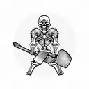 skeleton viking with an ax sitting in a viking cemetery with tombs and skulls around him frontal distanc tattoo design idea