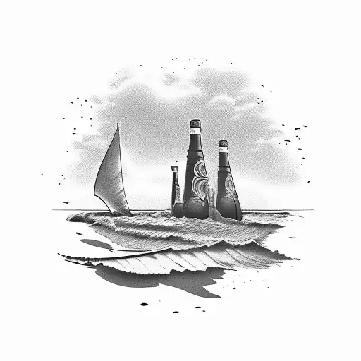 A beach scene with a whiskey bottle washed ashore tattoo design idea