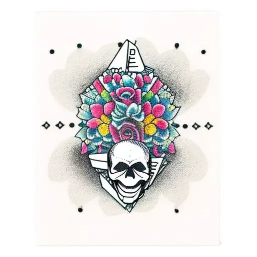 A skull made out of game cards surrounded by intricate floral patterns tattoo design idea