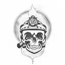 Incorporate a fireman's helmet into a tattoo design featuring a skull and roses, with a focus on blackwork shading tattoo design idea