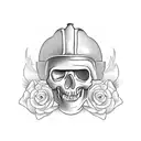 Incorporate a fireman's helmet into a tattoo design featuring a skull and roses, with a focus on blackwork shading tattoo design idea