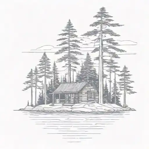 island with pine tree surrounding a  simple cabin tattoo design idea