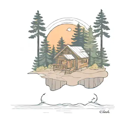 tiny cabin nestled on island with pine trees colors sunset tattoo design idea