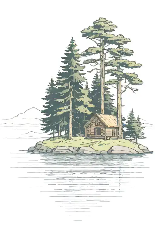 island with pine tree surrounding a  simple cabin tattoo design idea