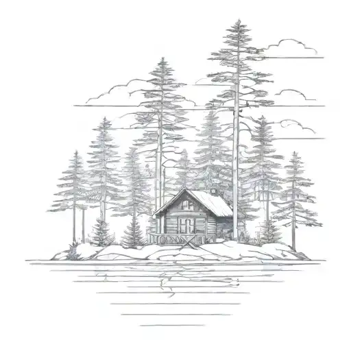 island on lake with pine trees and small cabin nestled no mountains  tattoo design idea