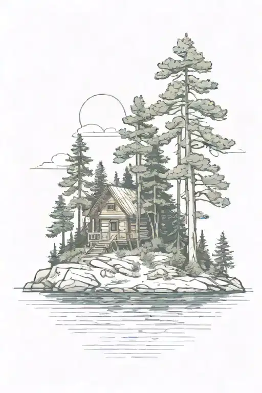 island with pine tree and cabin tattoo design idea