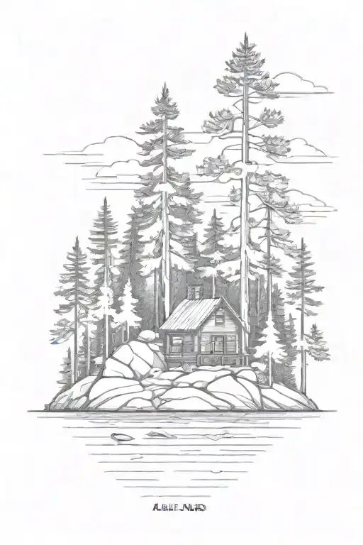 simple lines  small cabin nestled on island with pine trees small rock shore tattoo design idea