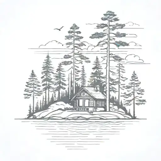 island on lake with pine trees and small cabin nestled no mountains  tattoo design idea