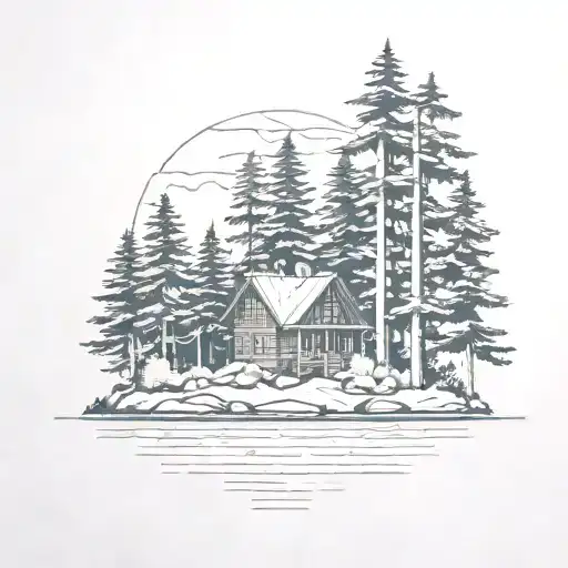 island on lake with pine trees and small cabin nestled no mountains  tattoo design idea