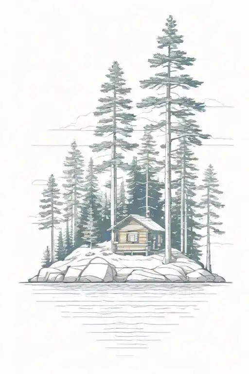 island with pine tree and cabin tattoo design idea