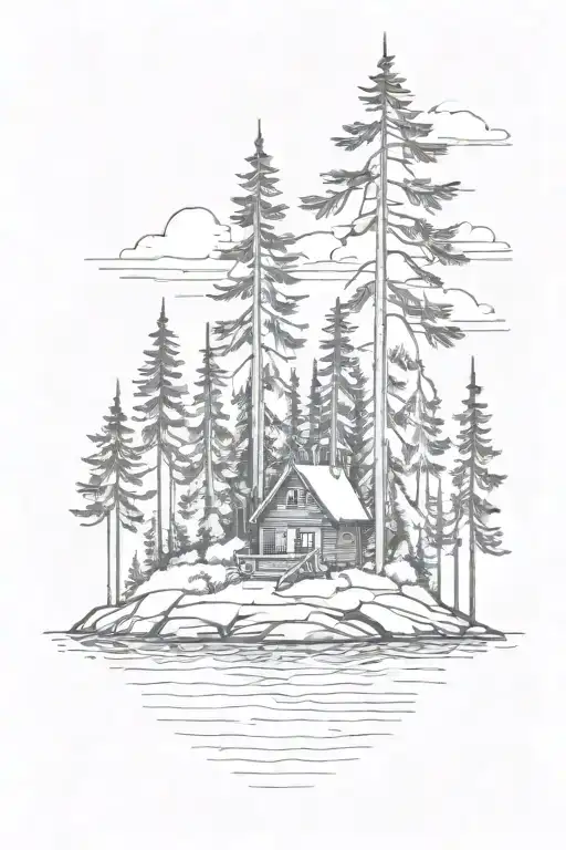 small cabin nestled on island with pine trees small rock shore tattoo design idea