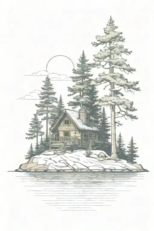 island with pine tree and cabin tattoo design idea