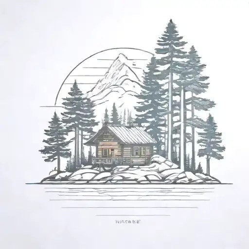 island on lake with pine trees and small cabin nestled no mountains  tattoo design idea