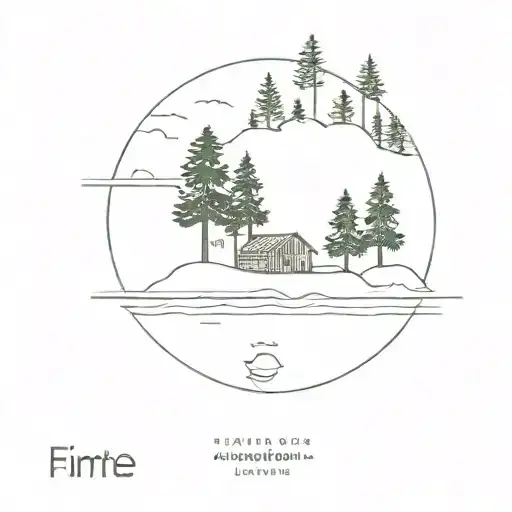 island on lake with pine trees and small cabin nestled no mountains  tattoo design idea