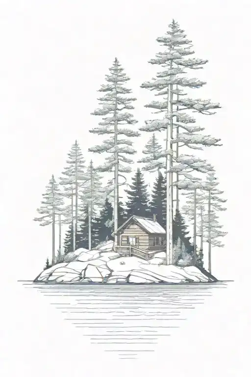 island with pine tree and cabin tattoo design idea