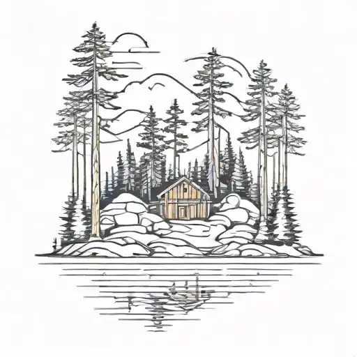 island on lake with pine trees and small cabin nestled no mountains  tattoo design idea