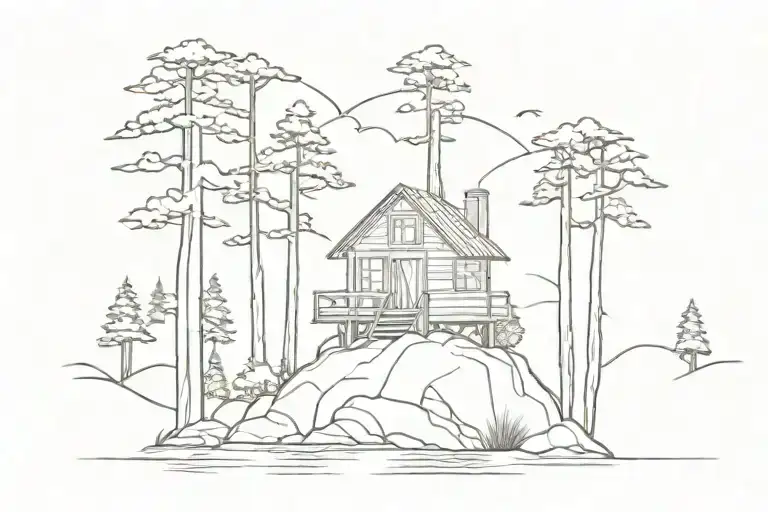 cabin on island pine tree tattoo design idea