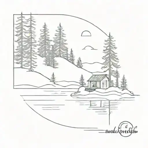 island on lake with pine trees and small cabin nestled tattoo design idea