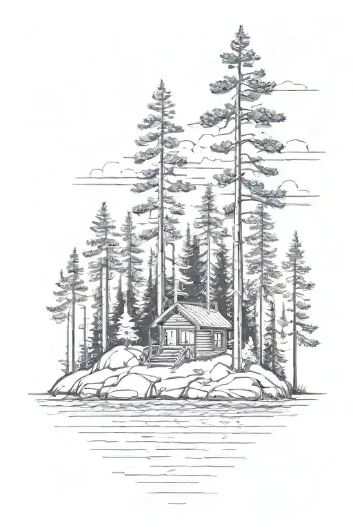 island with pine tree and cabin tattoo design idea