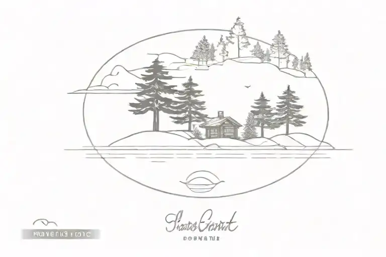 island on lake with pine trees and small cabin nestled no mountains  tattoo design idea