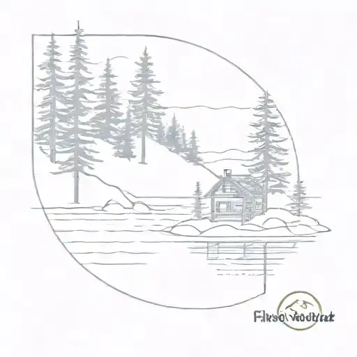 island on lake with pine trees and small cabin nestled tattoo design idea