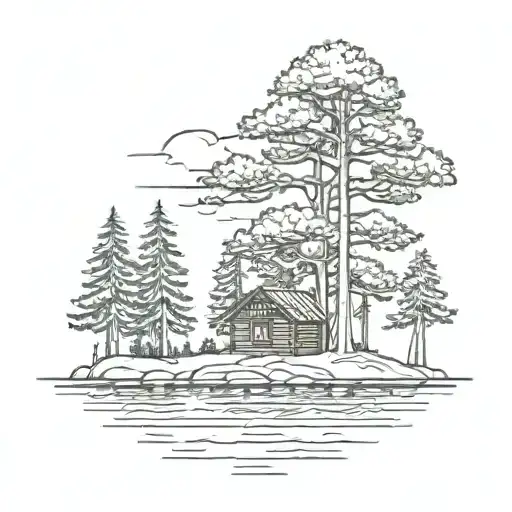 island with pine tree surrounding a  simple cabin tattoo design idea