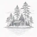 island with pine tree surrounding a  simple cabin tattoo design idea
