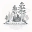island with pine tree surrounding a  simple cabin tattoo design idea