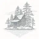 island with pine tree surrounding a  simple cabin tattoo design idea
